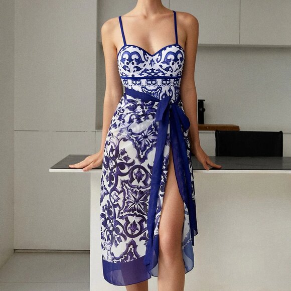 Commense Other - NEW Porcelain Pattern One-Piece Swimsuit and Cover Up Skirt, Size M